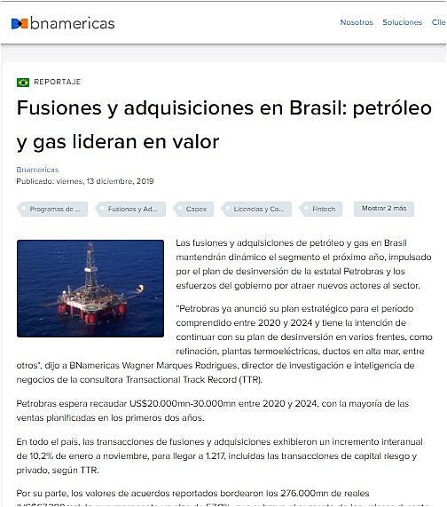 Fusiones y adquisiciones en Brasil: petrleo y gas lideran en valor